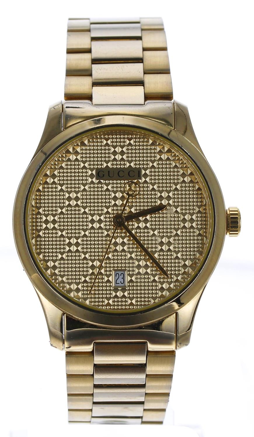 Gucci G-Timeless gold plated gentleman's wristwatch, reference no. 126.4, quartz, Gucci bracelet