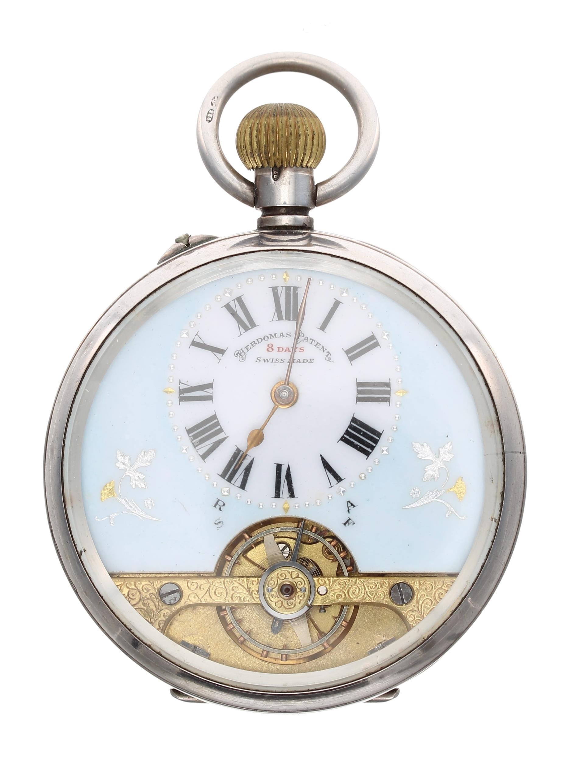 Hebdomas Patent 8 days silver pocket watch, import hallmarks London 1912, the decorated dial with - Image 2 of 4