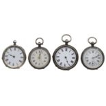 Four silver cylinder engraved fob watches for repair (4)