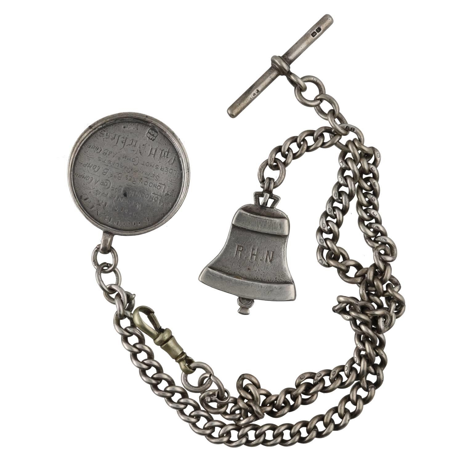 Silver curb link double watch Albert chain, with silver T-bar, silver bell fob engraved 'R.H.N',