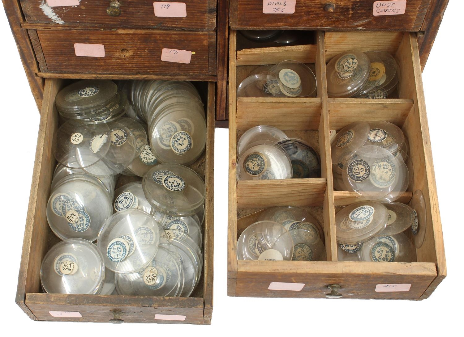 Twelve drawer wooden chest containing a quantity of assorted watch glasses of various sizes, 27. - Image 2 of 9