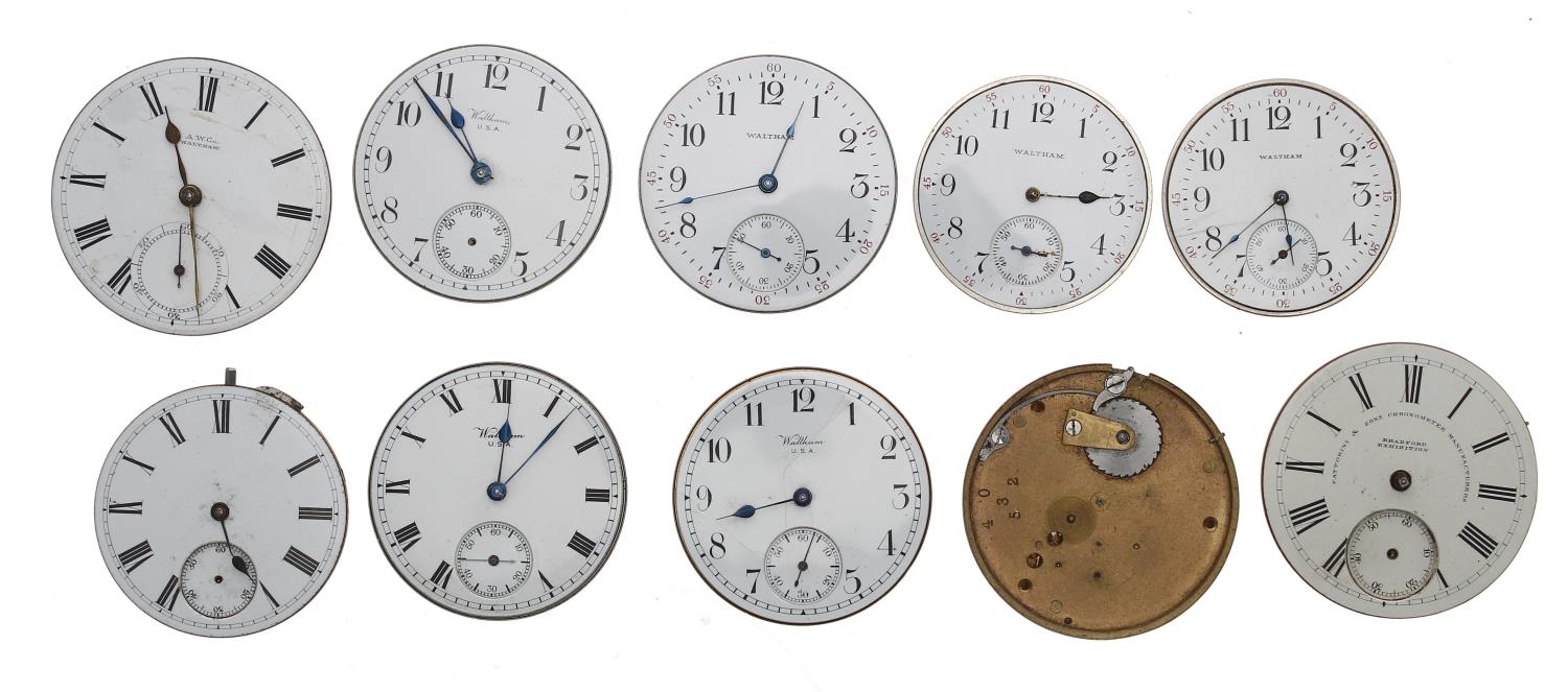 Ten American Waltham lever pocket watch movements, including 'Hillside' 'Fattorini' and ' - Image 2 of 2