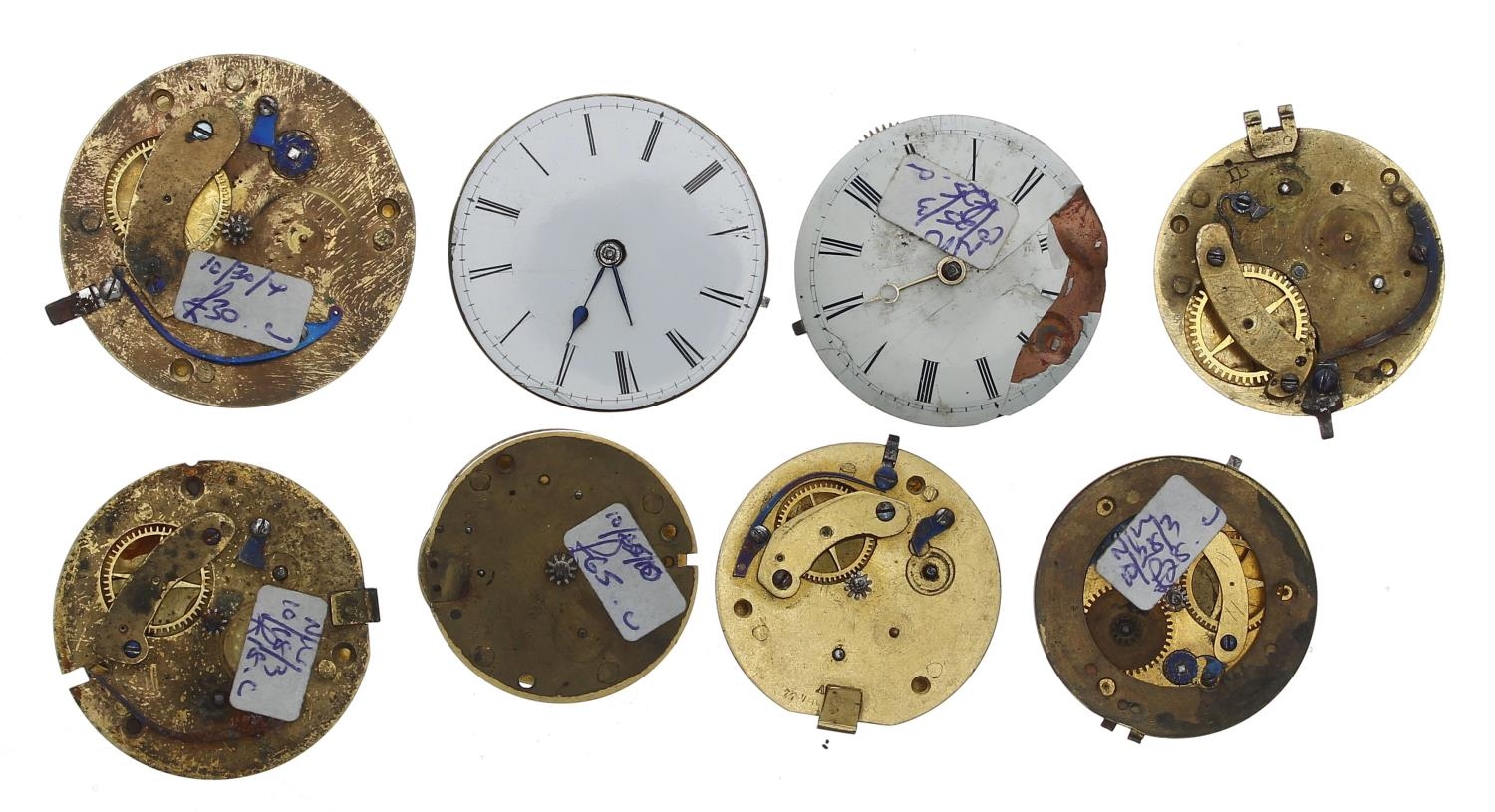 Eight fusee verge pocket watch movements, makers Jas Paine, London; Rickard, High Street, Exeter; - Image 2 of 2