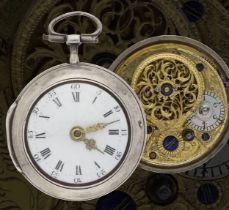 De Cachengt, London - 18th century silver pair cased verge pocket watch, signed fusee movement, ,