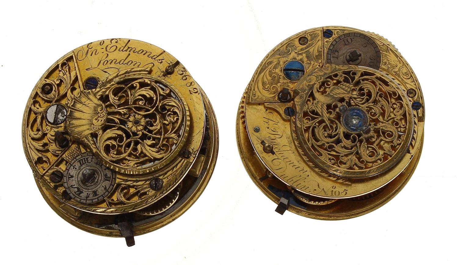 Two fusee verge pocket watch movements for repair, with enamel dials, signed Jon Edmonds, London and