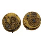 Two fusee verge pocket watch movements for repair, with enamel dials, signed Jon Edmonds, London and