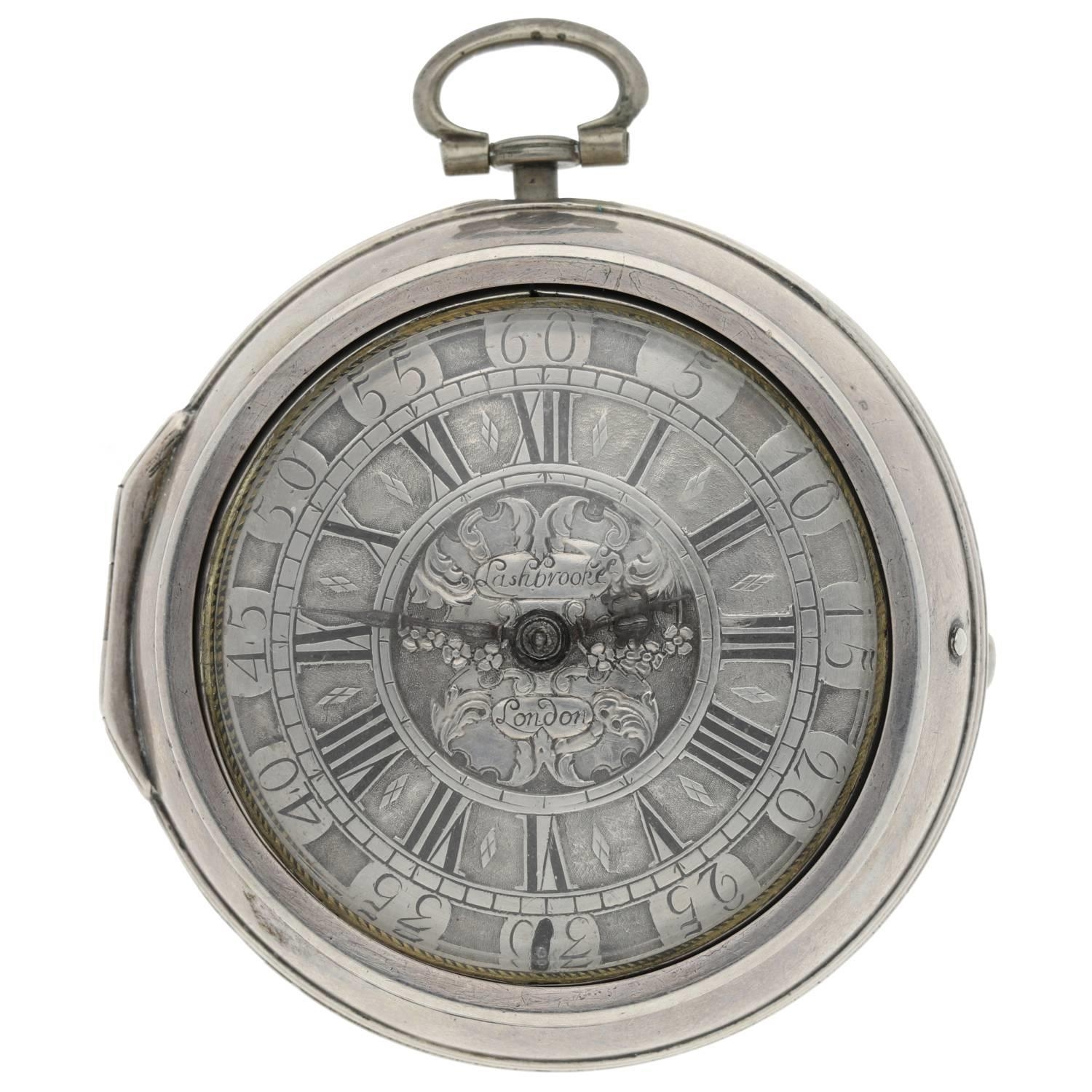 Thomas Lashbrook, London - English early 18th century silver pair cased verge pocket watch, circa - Image 2 of 11