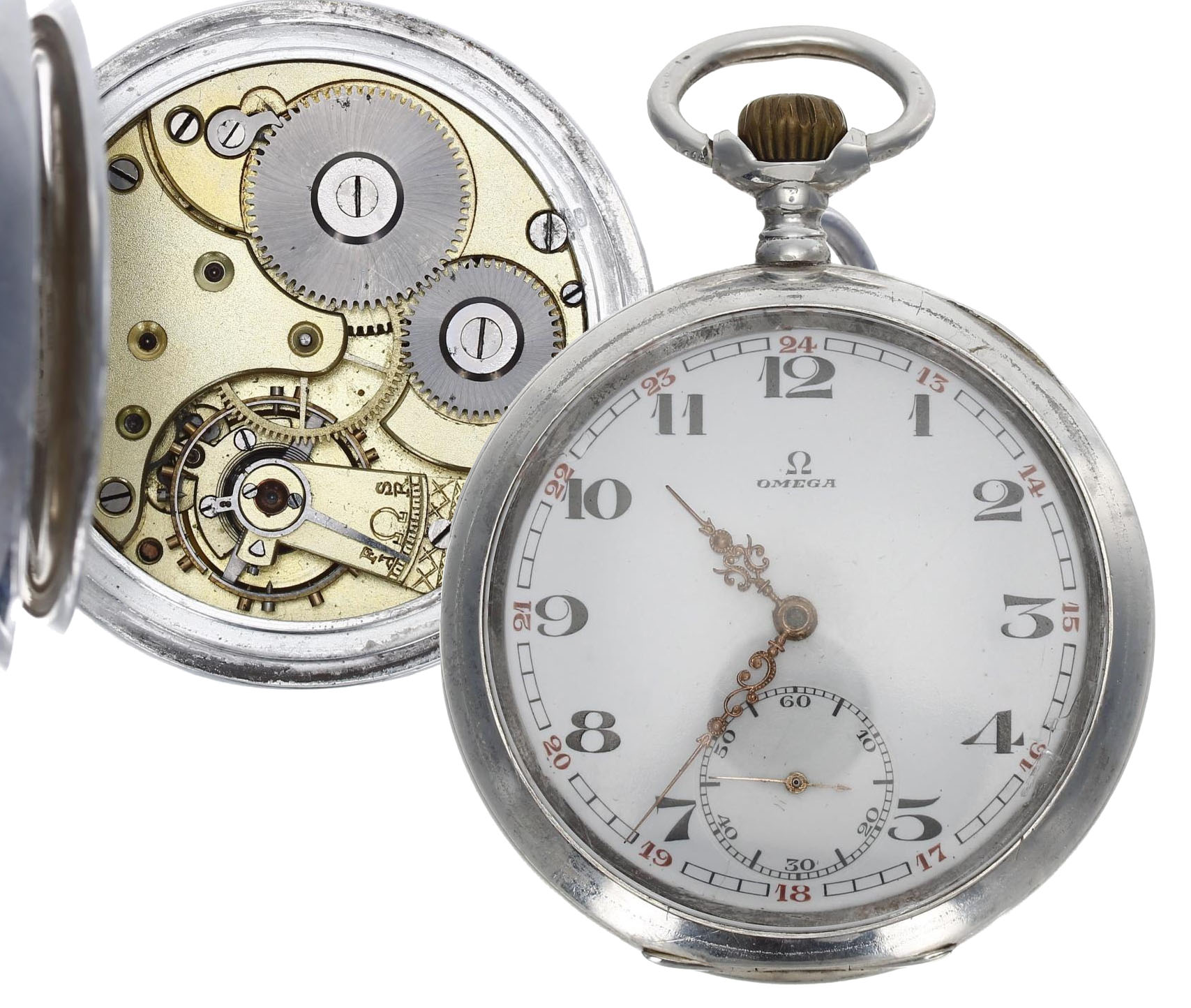 Omega - silver (0.800) lever pocket watch, signed movement, signed hinged cuvette, signed Arabic