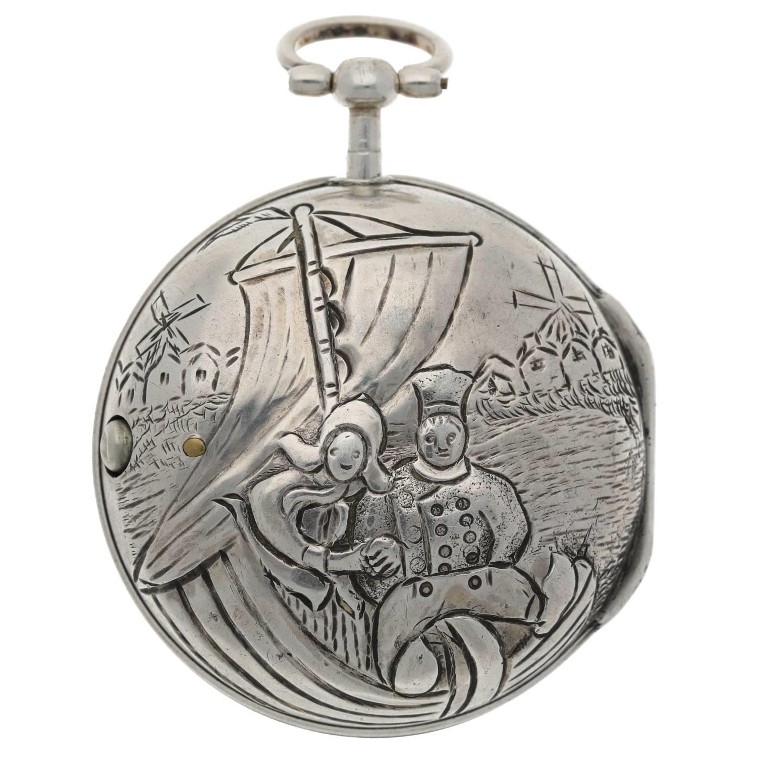 Nath'l Egdch, London - George III silver repoussé pair cased verge pocket watch for the Dutch - Image 8 of 10