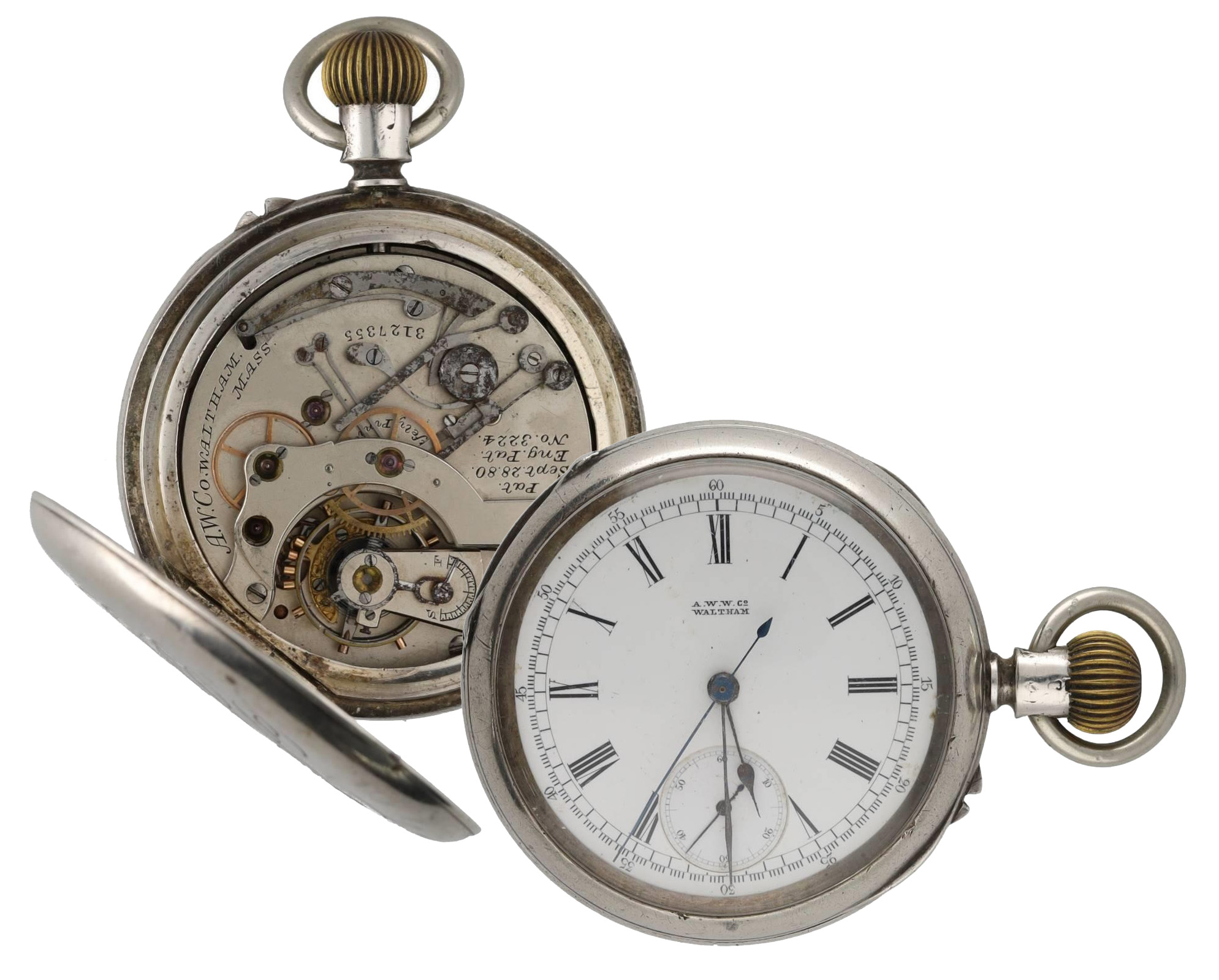 American Waltham silver chronograph lever pocket watch, circa 1886, serial no. 3127355, signed