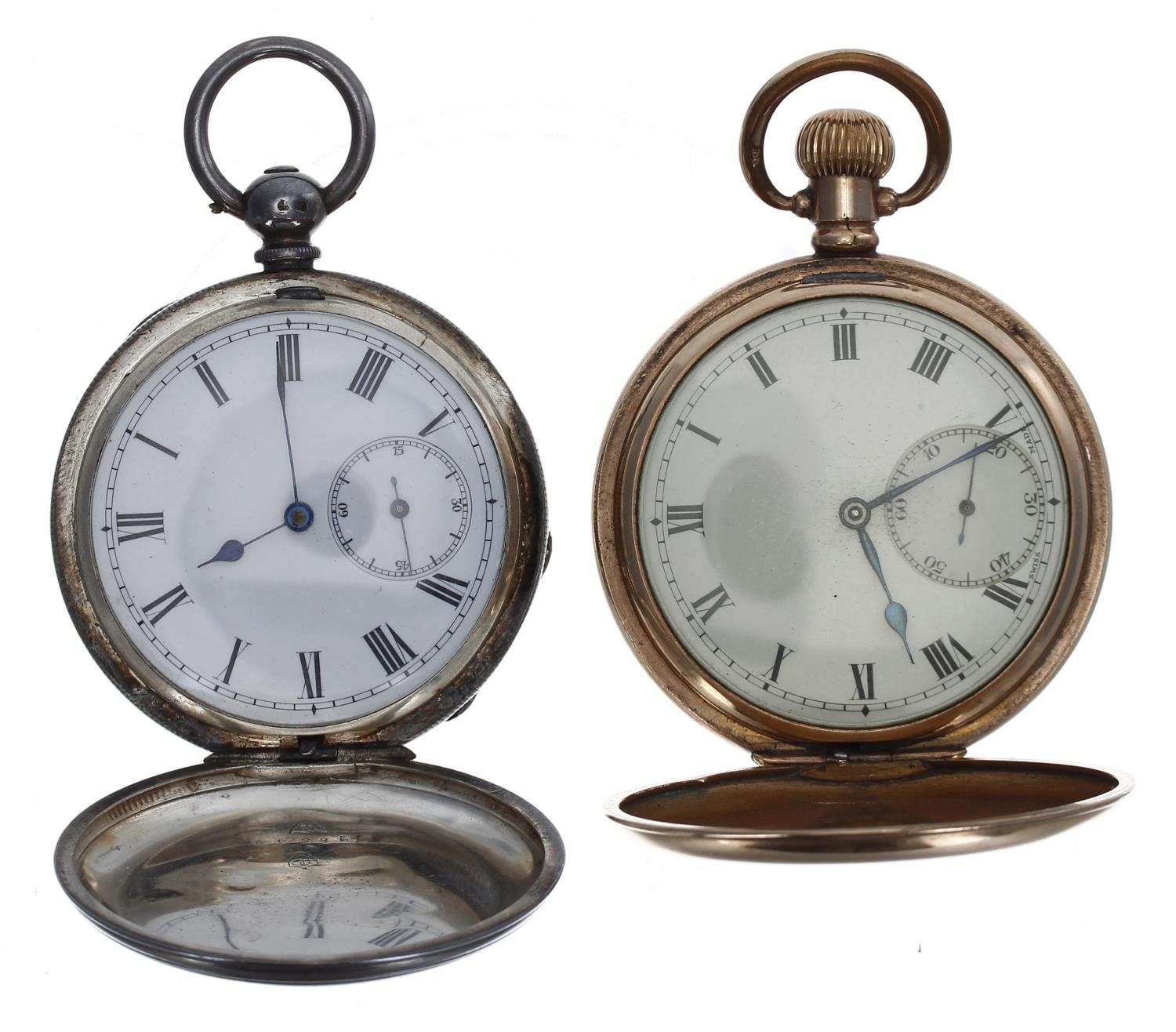 Swiss gold plated lever hunter pocket watch, unsigned movement, hinged cuvette, Roman numeral