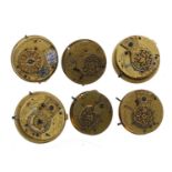 Six fusee verge pocket watch movements, including makers Dwerrihouse & Carter, Berkeley Square;