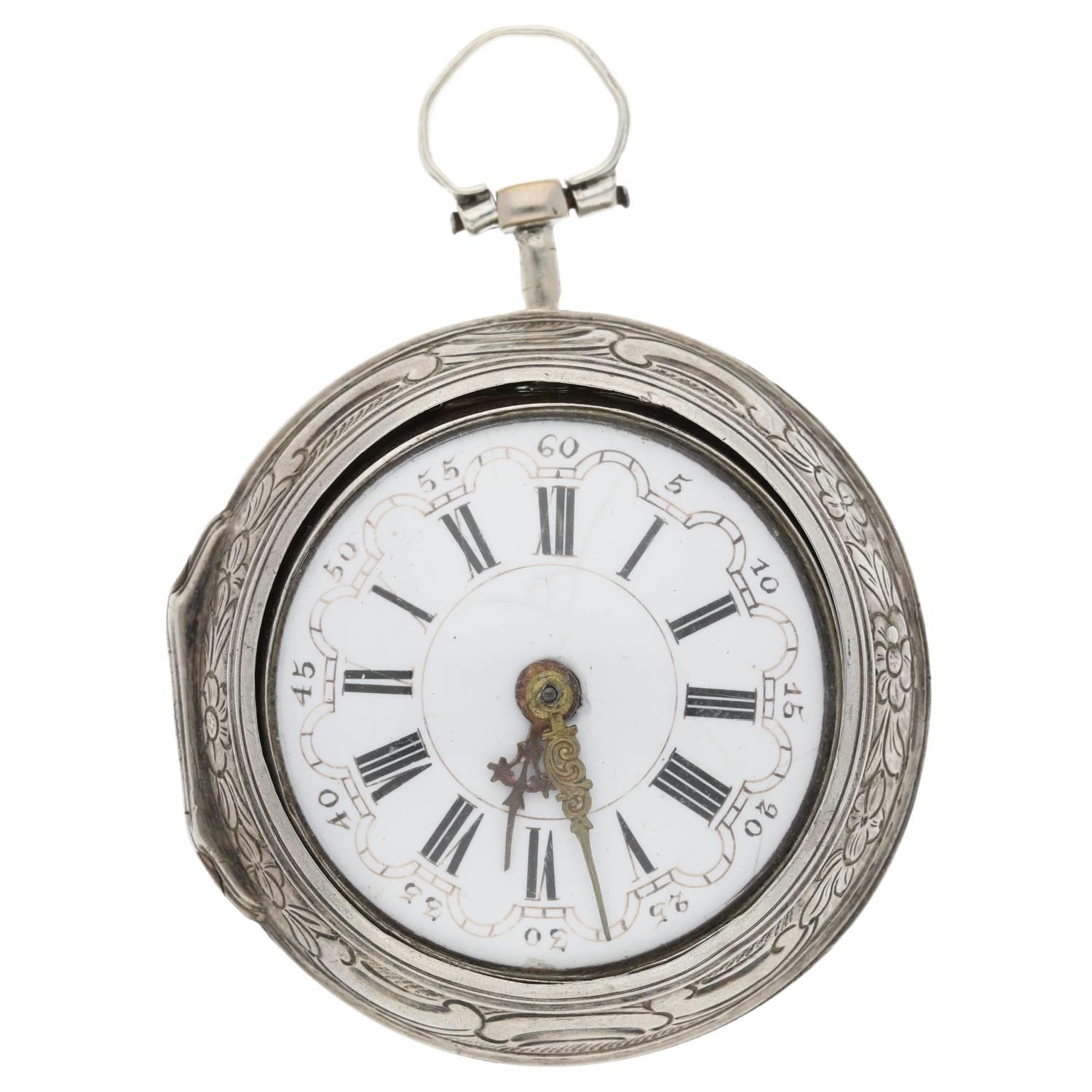 John Wilter, London - George II English silver repoussé pair cased verge pocket watch, London - Image 2 of 10