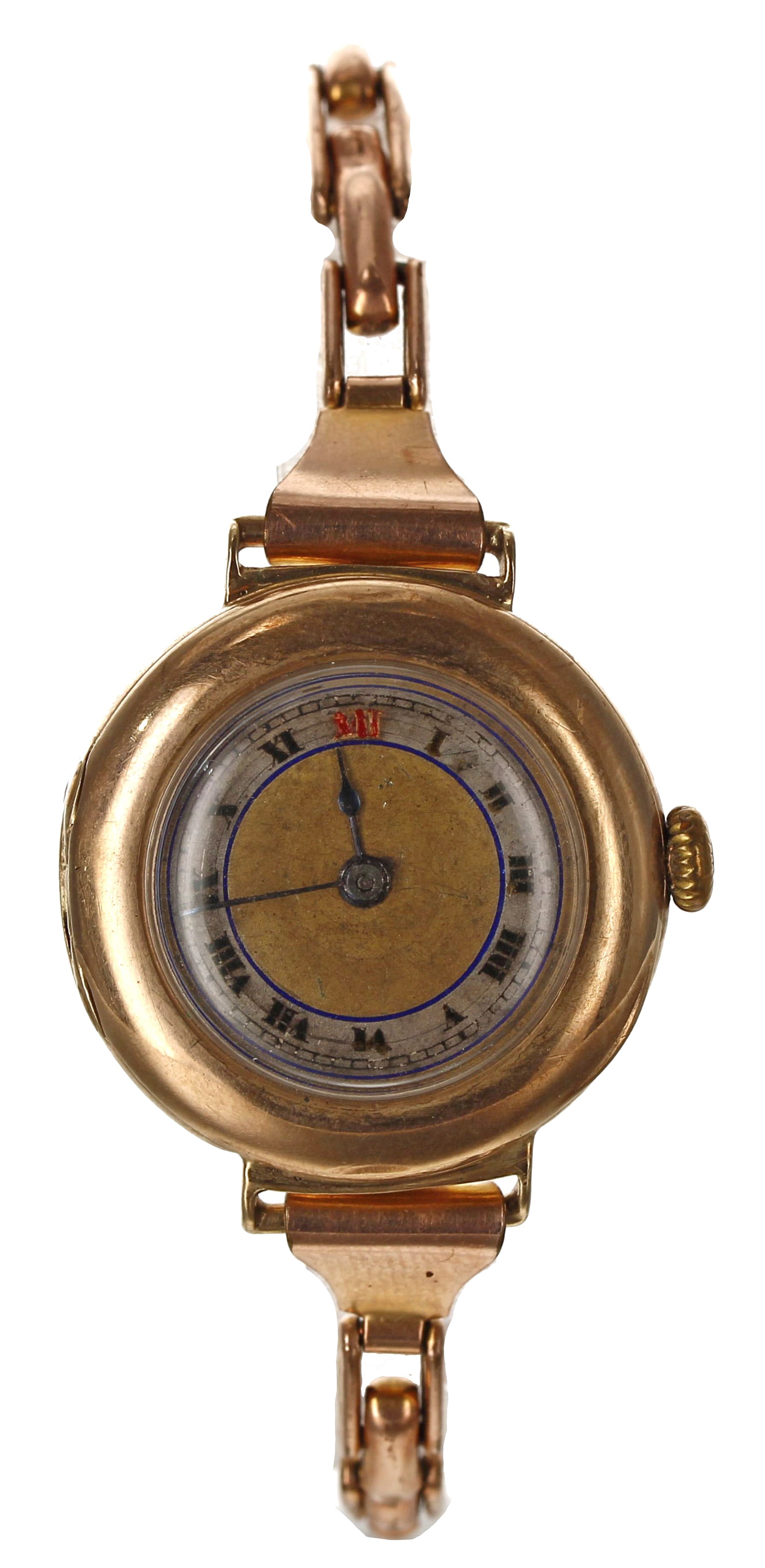 Rolex 9ct lady's wristwatch, Birmingham 1916, circular two-tone dial with Roman numerals, red twelve