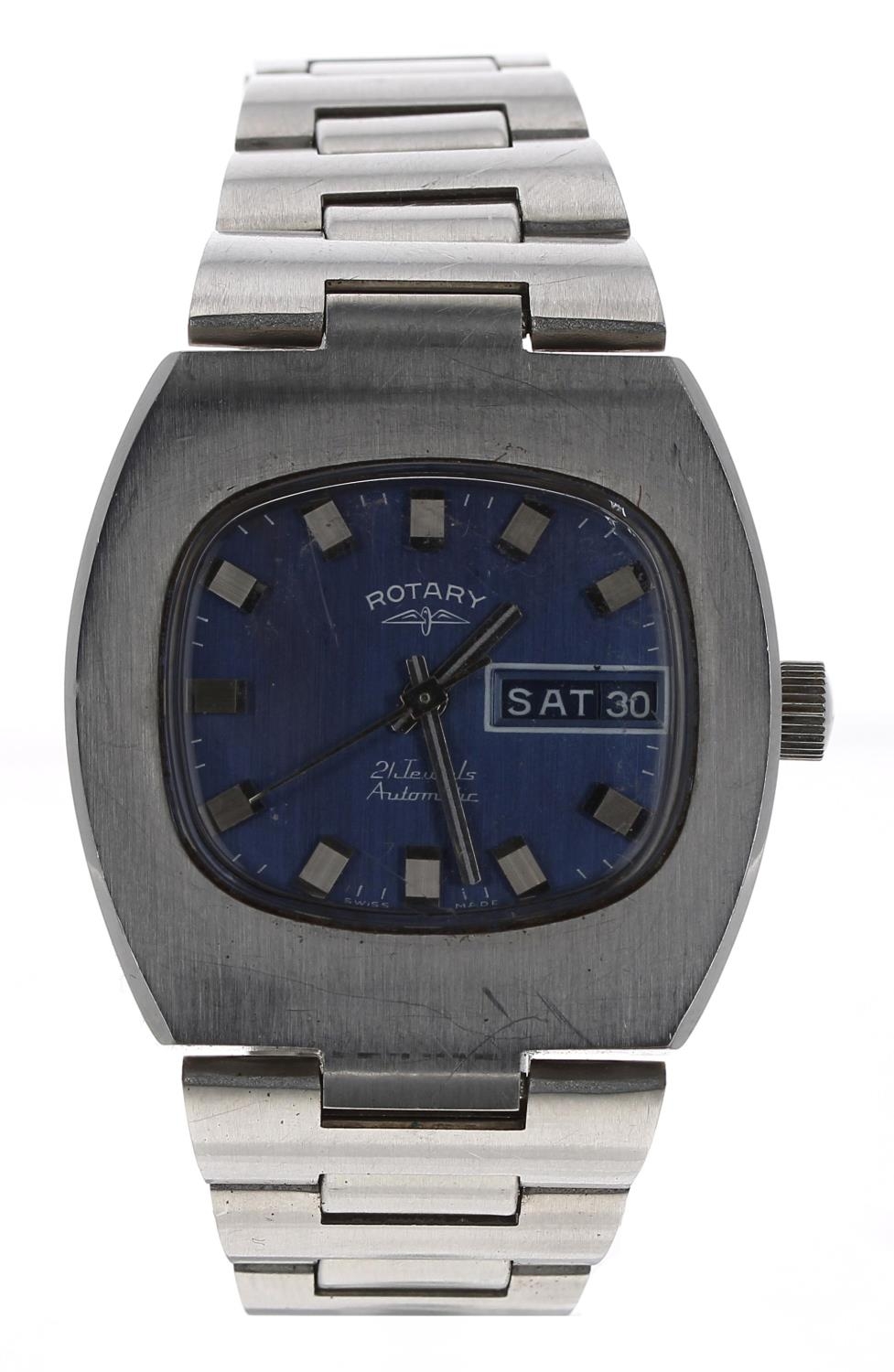 Rotary automatic stainless steel gentleman's wristwatch, squared blue dial with applied hour