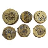 Six fusee verge pocket watch movements, including makers Bucknell, Parliament Street, London;