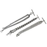 Fancy silver watch Albert chain, with T-bar and later swivel end clasps, 30.5gm, 14" long; with