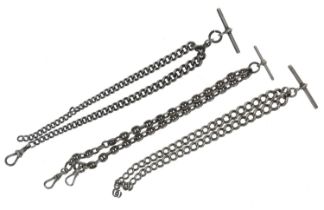 Fancy silver watch Albert chain, with T-bar and later swivel end clasps, 30.5gm, 14" long; with