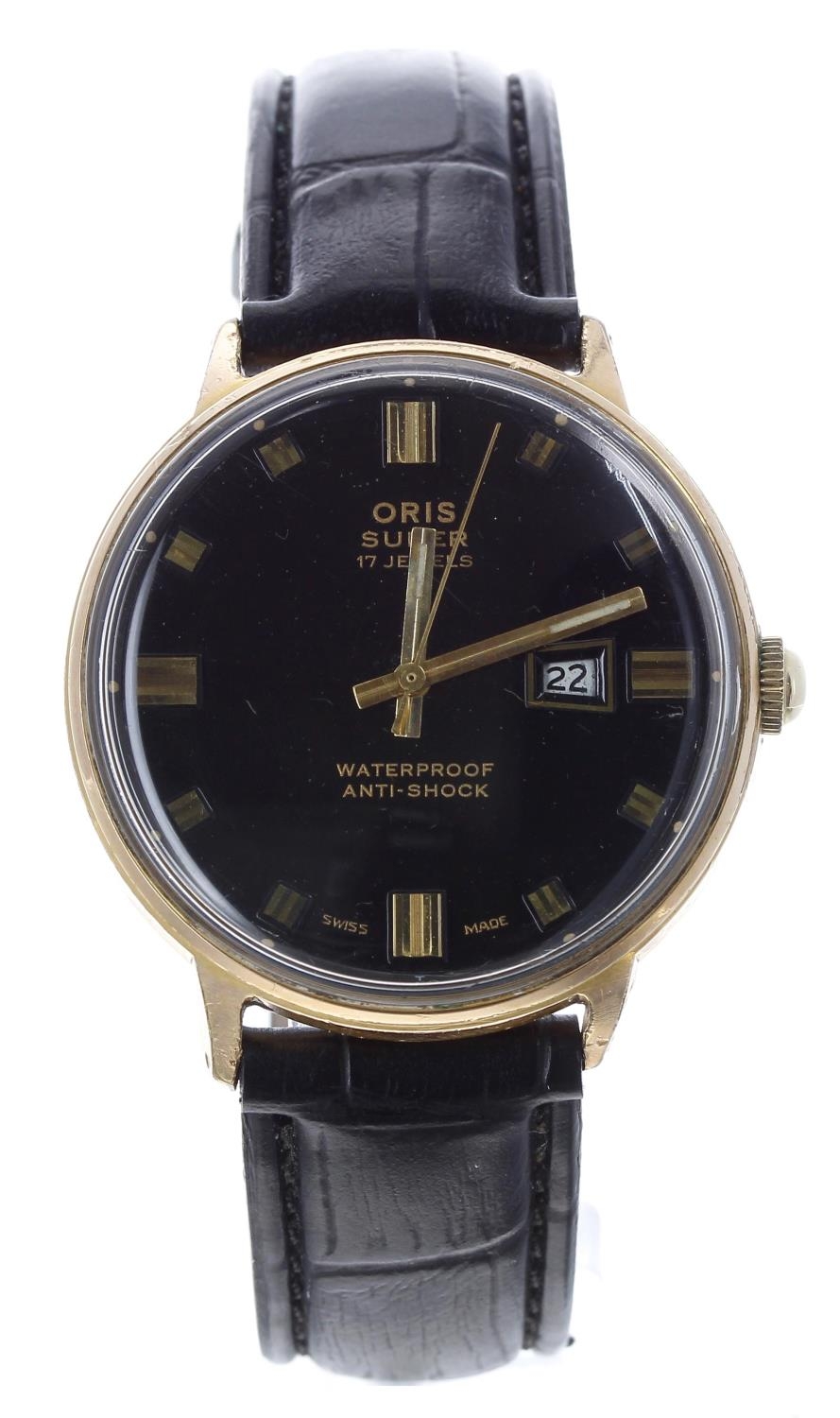 Oris Super gold plated and stainless steel gentleman's wristwatch, circular black dial with
