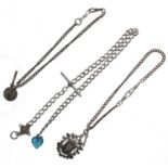 Three silver watch Albert chains, each with T-bars and fobs, 75.2gm, the longest 16" long (3)