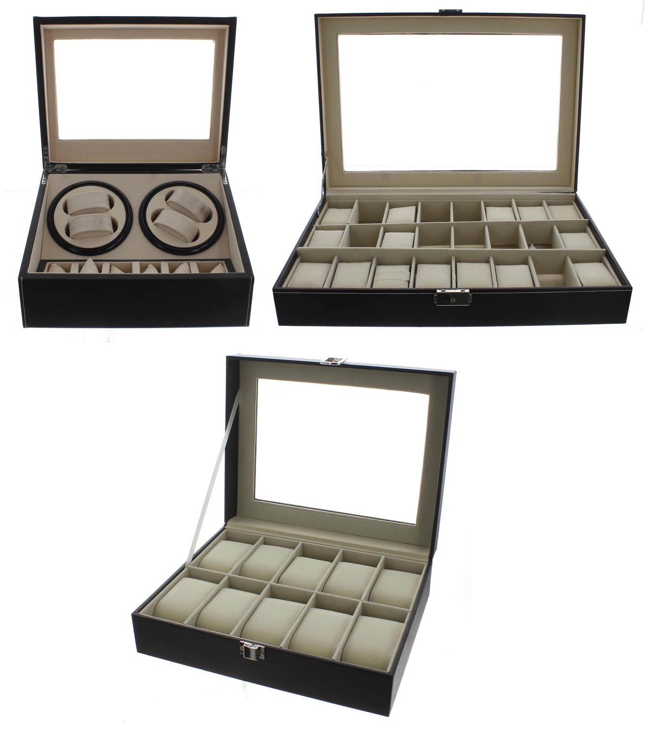 Automatic watch winder display case, glazed hinged lid and cream interior with two bi-directional