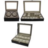 Automatic watch winder display case, glazed hinged lid and cream interior with two bi-directional