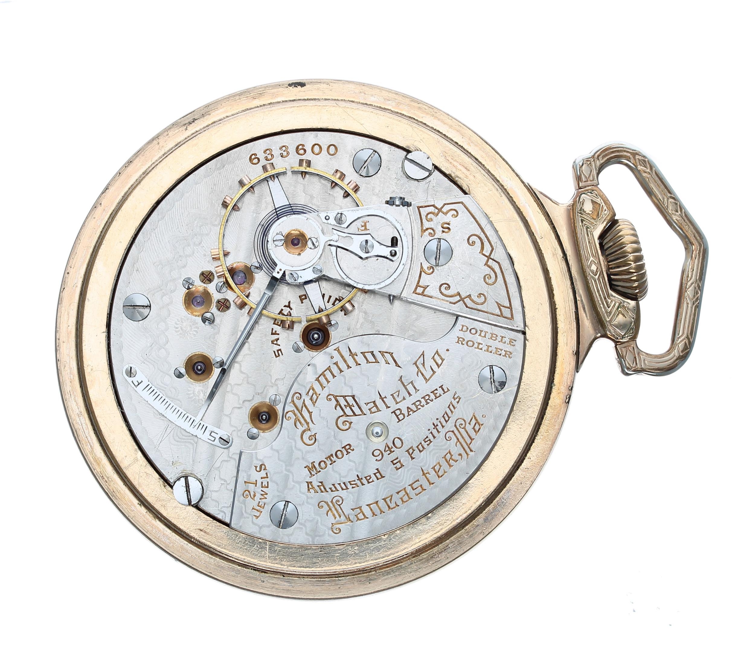 Hamilton Watch Co. gold plated lever set pocket watch, circa 1907, signed 940 21 jewel adjusted 5 - Image 3 of 4