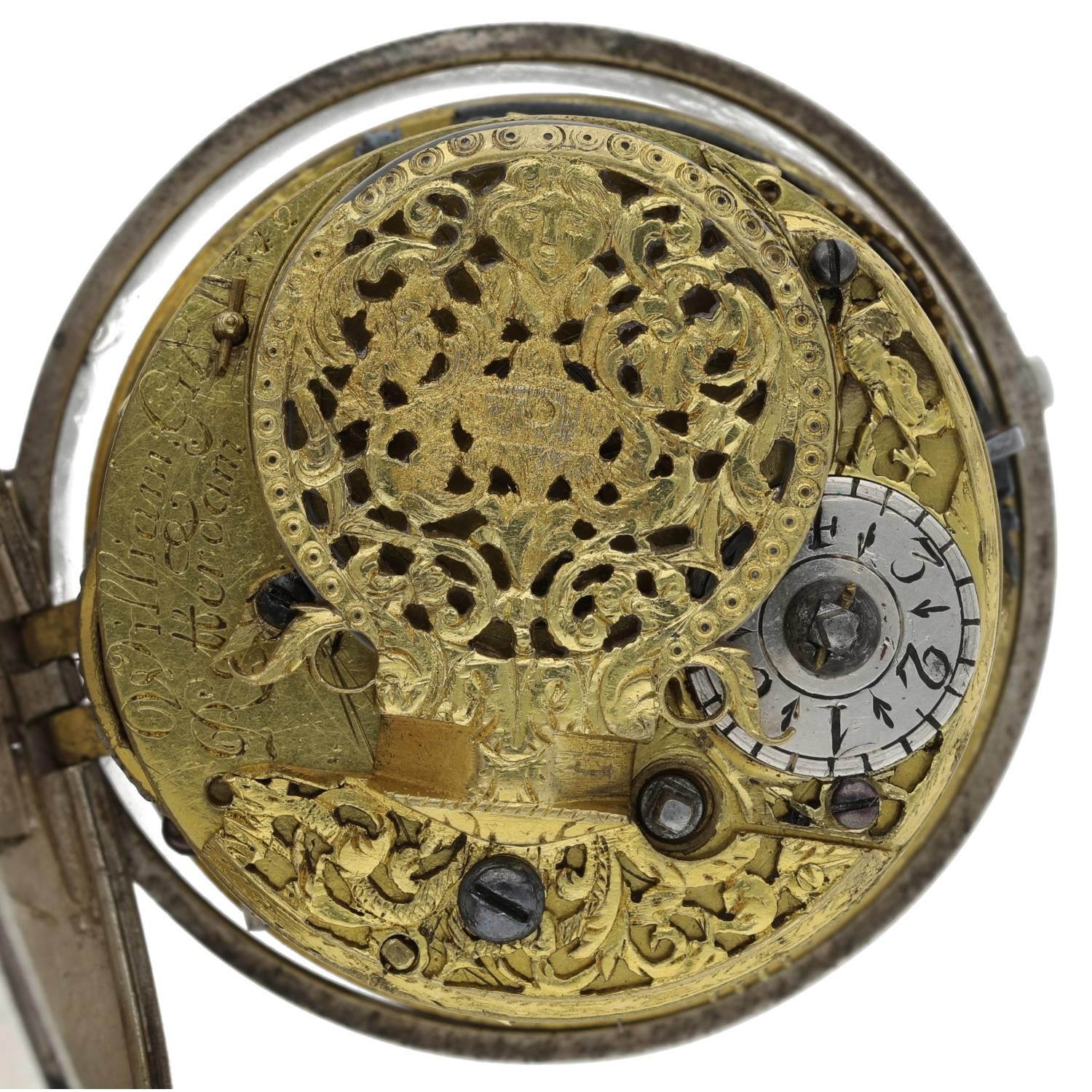 William Gib, Rotterdam -  Dutch early 18th century silver pair cased verge calendar pocket watch, - Bild 4 aus 11