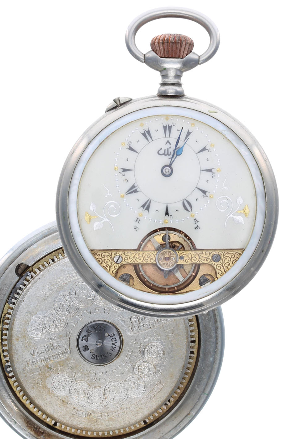 Turkish Market - Swiss Hebdomas type 8 days nickel and mother of pearl cased pocket watch, decorated