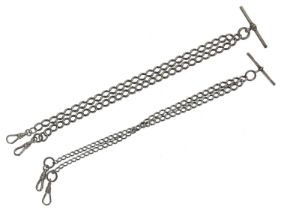 Two similar silver watch Albert chains, each with T-bars and swivel end clasps, 46.1gm (2)