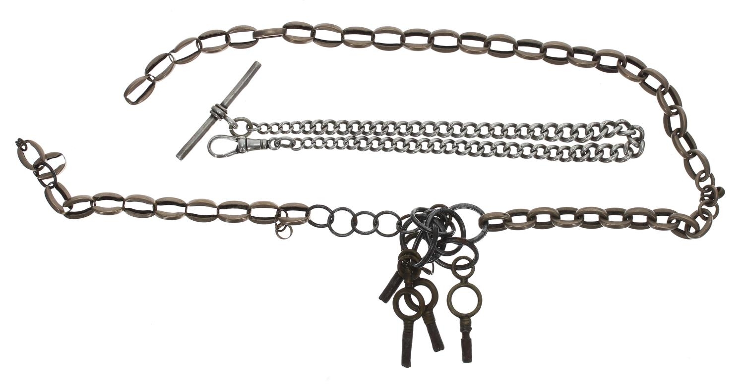 Silver graduated curb link watch Albert chain, with silver T-bar and clasp, 11'' long approx;