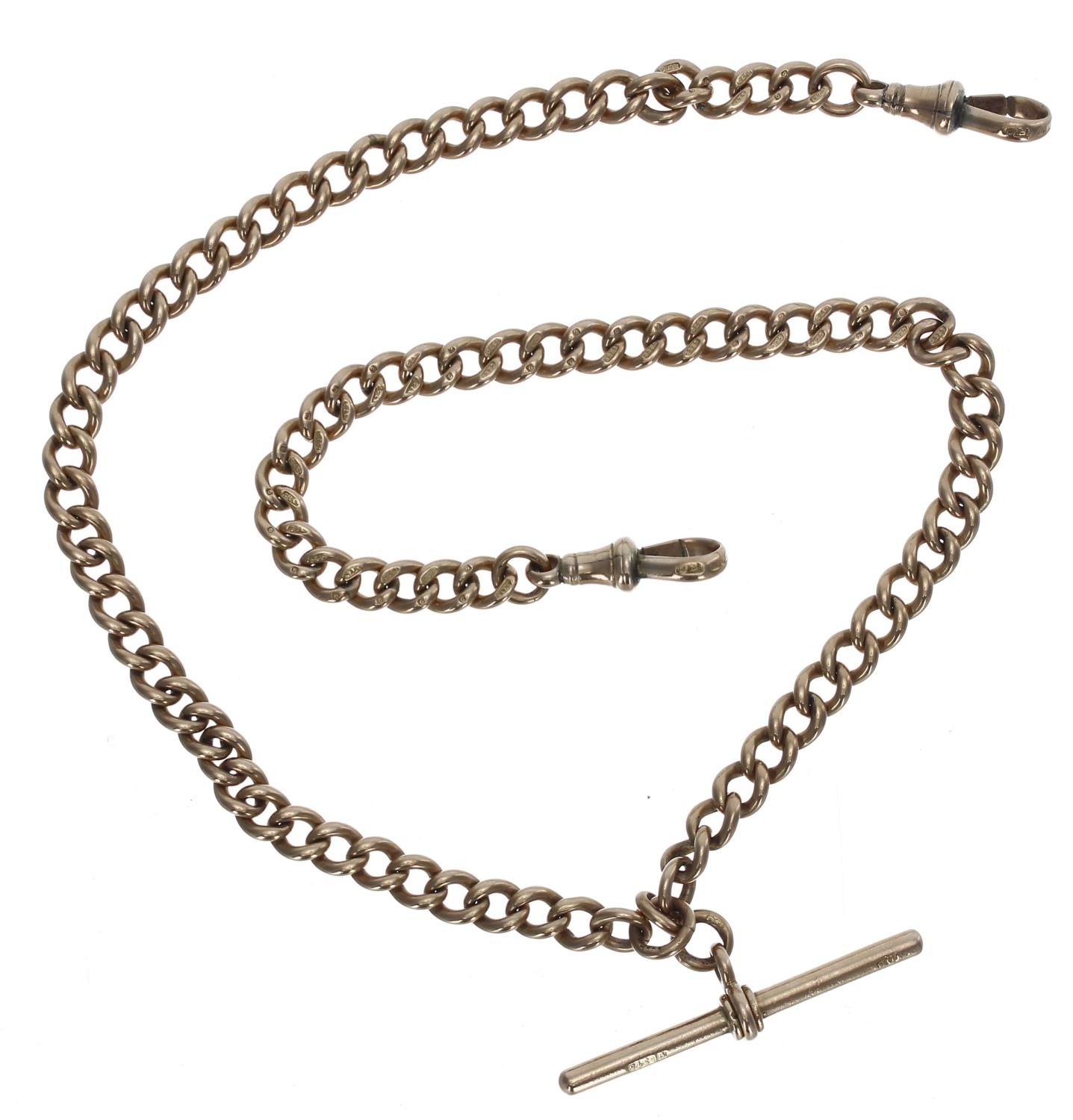 Good 9ct curb link double watch Albert chain, with 9ct T-bar and two 9ct clasps, 42.4gm, 17.25''