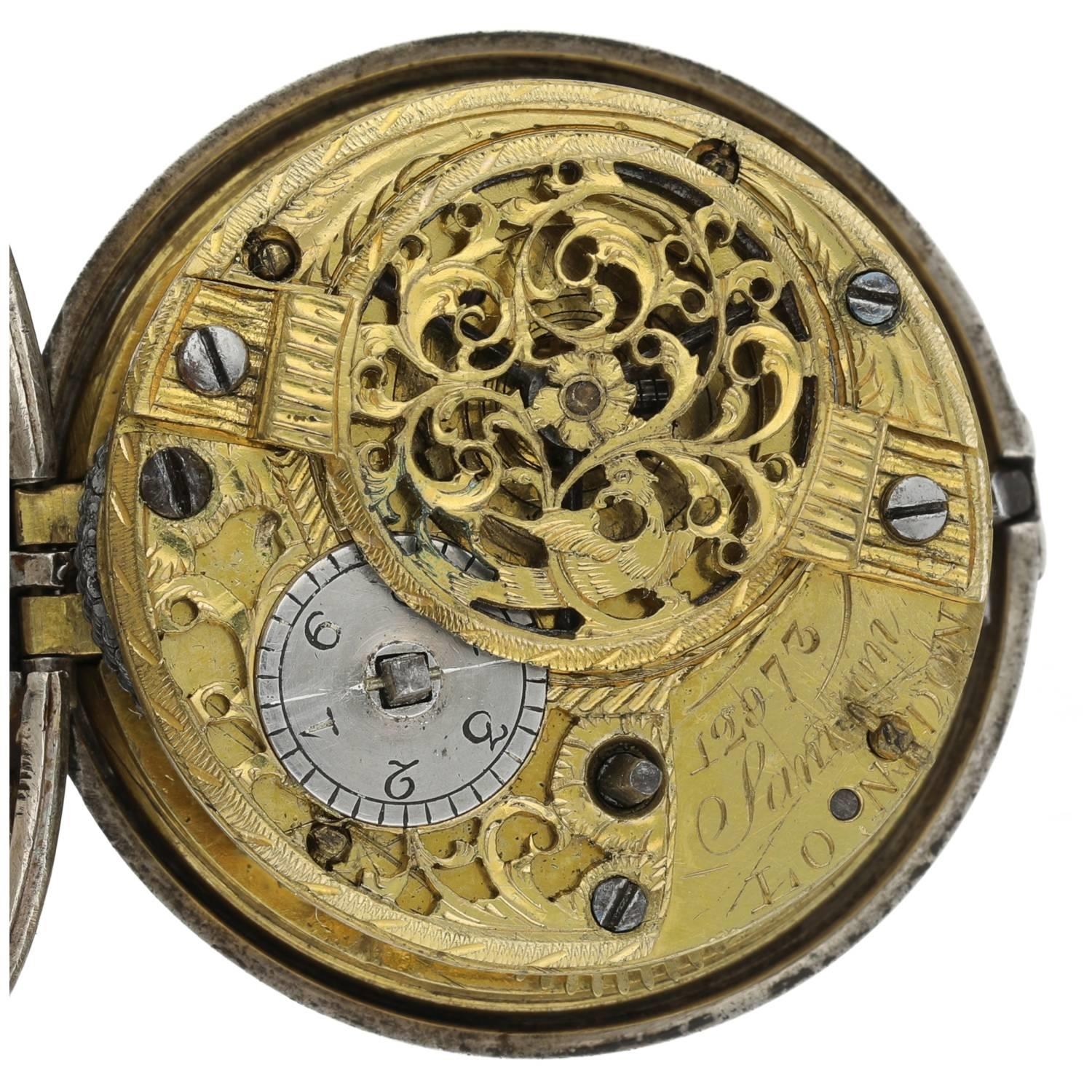 Samson, London - George III English silver repoussé pair cased verge pocket watch, signed fusee - Image 4 of 10