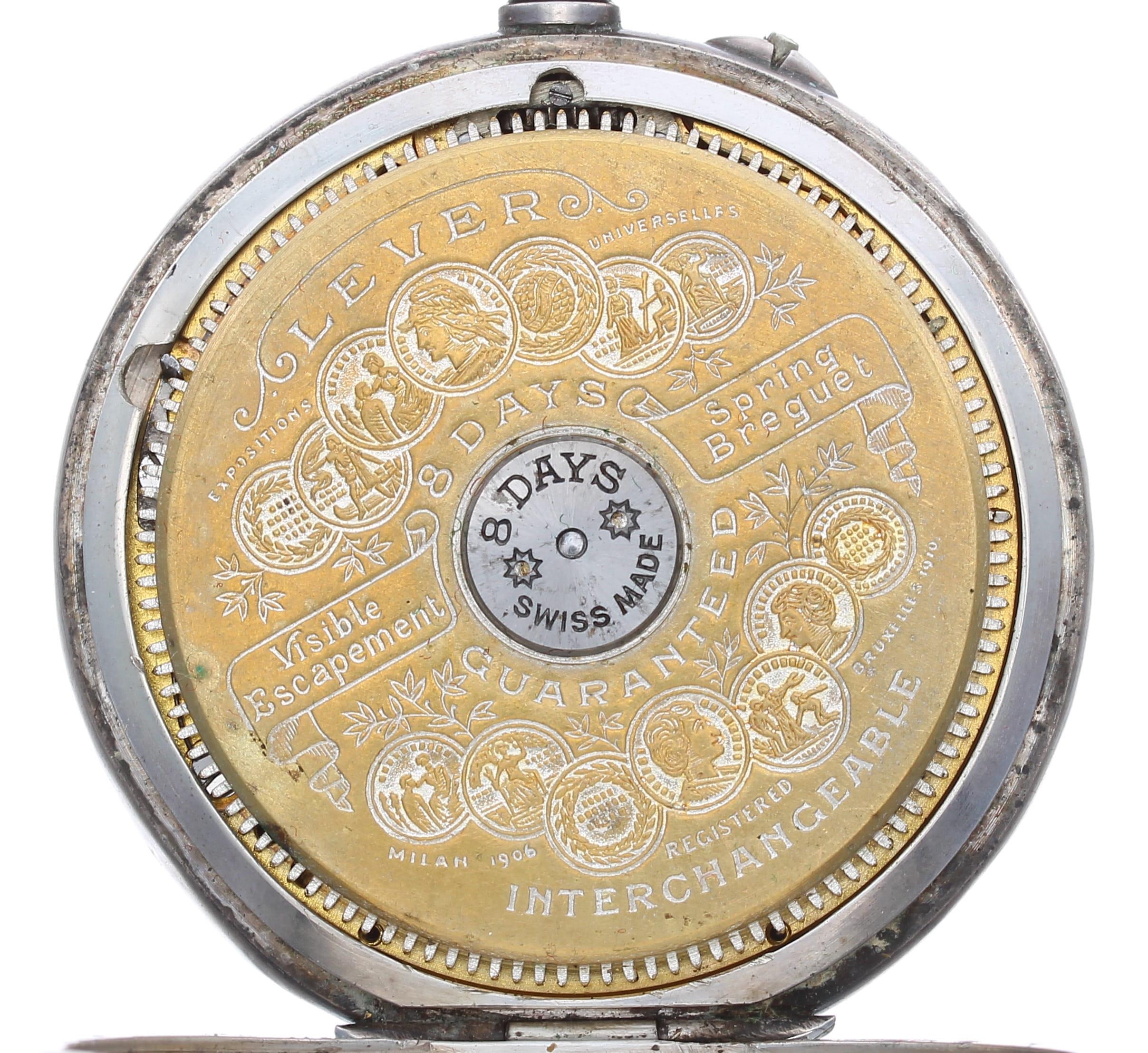 Hebdomas Patent 8 days silver pocket watch, import hallmarks London 1912, the decorated dial with - Image 3 of 4