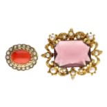 9ct oval cabouchon coral and seed pearl  brooch, 4.9gm, 19mm x 23mm; with a gilt plated amethyst and