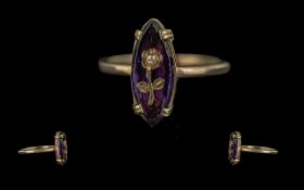 Ladies 9ct Gold Small Pearl Flower Amethyst Set Dress Ring. Stamped to Shank. Ring Size Between