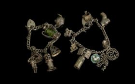 ( 2 ) Silver Charm Bracelets, Various Charms - Includes Lantern, Lighthouse, Teapot, Coach with