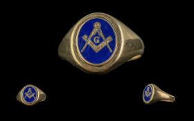 Gents 9ct Gold Masonic Ring. Hallmarked for 9ct to Shank. Ring Size Approx T. Approx Weight 5.9