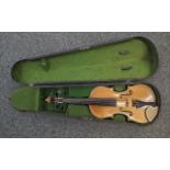 20thC Violin no paper label, one piece back 13.25 inches in length overall 21.75 inches. In fitted