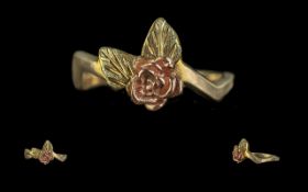Ladies Pretty 9ct Gold Rose & Leaf Design Dress Ring. Marked for 9ct Gold. Approx Size K.