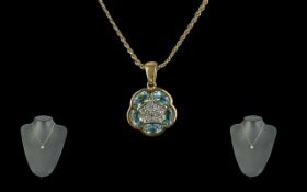 Ladies 9ct Gold Blue Stone Pendant - With 9ct Gold Necklace. Both Stamped for 9ct Gold. Length