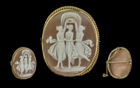 Large Gold Tone Cameo Shell Brooch with Safety Chain. Three Maidens Dancing Together Design. Not