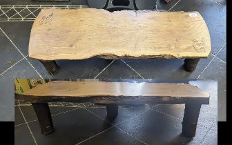 A Wooden Rustic 3 Legged Welsh Bench/Table - With etched Bird & Flower Design. Height 9.5'' x Length