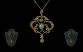 Edwardian Period 1902-1910 Attractive 9ct Gold Openworked Opal and Seed Pearl Set Pendant Drop,