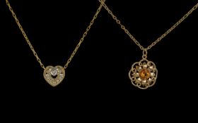 Heart Shaped 9ct Gold Diamond Set Pendant, suspended on a chain, together with a 9ct Gold Citrine