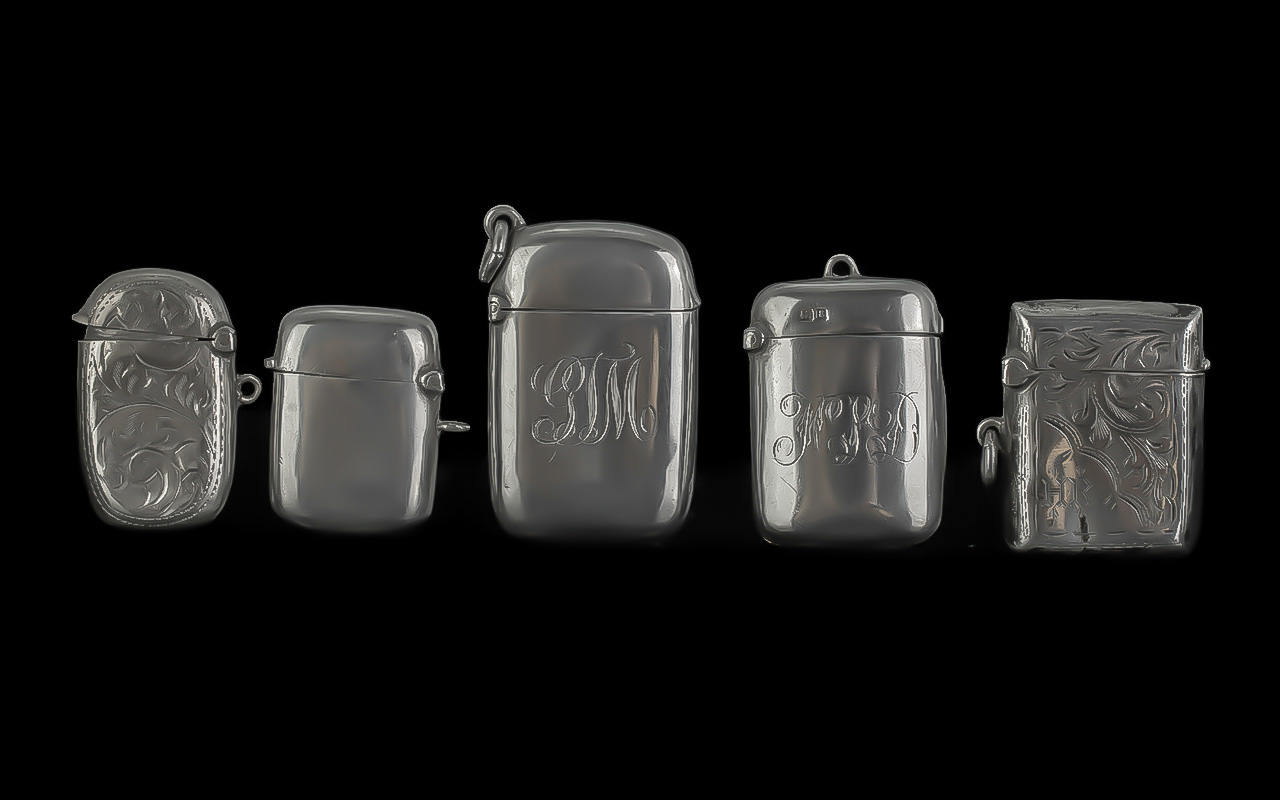 A Good Collection of Sterling Silver Hallmarked Hinged Vesta Cases, five in total. Various dates,