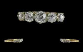 Antique Period - Attractive 18ct Gold and Platinum Set 5 Stone Diamond Set Ring. Marked to