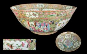 Cantonese Famille Rose Punchbowl, large size repaired with staples, 6" high x 14.5" diameter.