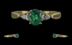 Ladies 18ct Gold Emerald and Diamond Set Ring. Full Hallmark to Interior of Shank. The Central