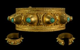 Antique 18ct Gold Middle Eastern Bangle, Applied Cone Shaped Mounts Set With Turquoise Cabochon